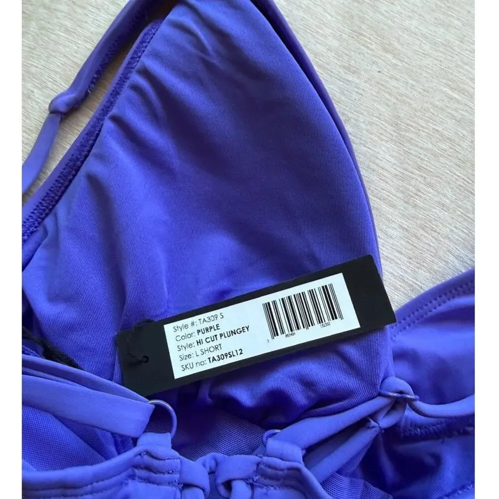 ta3 hi cut plungey one piece swim in purple, women size large / short